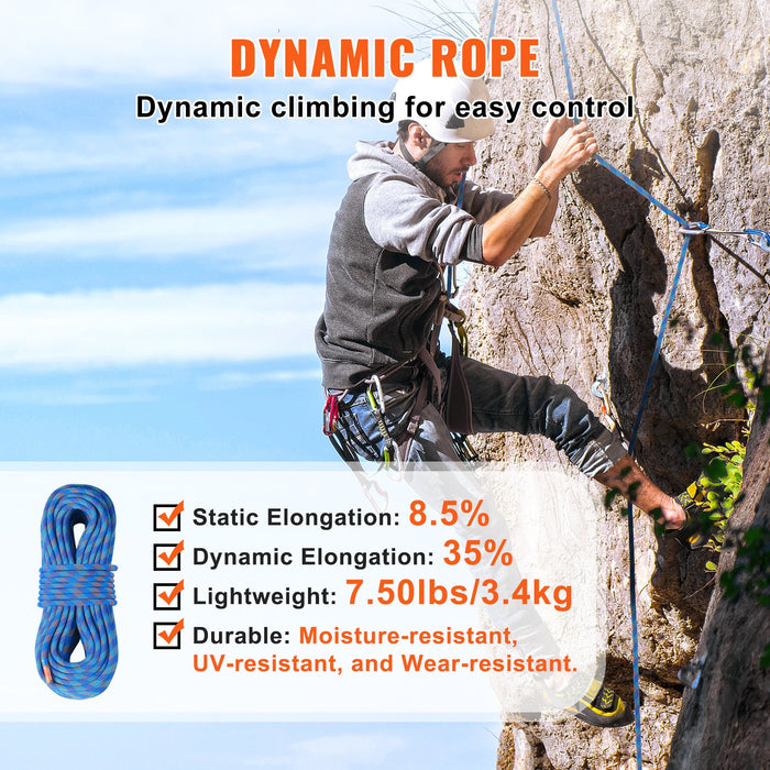 10.2Mm Dynamic Climbing Rope 50M 164Ft Outdoor Rock Climbing Rope 25Kn Breaking Tension Stretchable Fiber Rope With Steel Snap Hooks For Escape Rappelling Fire Rescue Blue