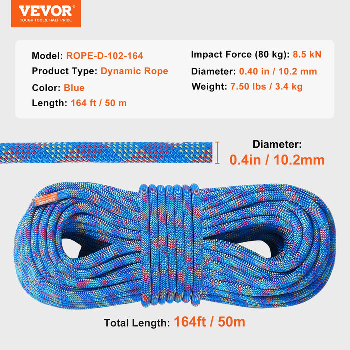 10.2Mm Dynamic Climbing Rope 50M 164Ft Outdoor Rock Climbing Rope 25Kn Breaking Tension Stretchable Fiber Rope With Steel Snap Hooks For Escape Rappelling Fire Rescue Blue