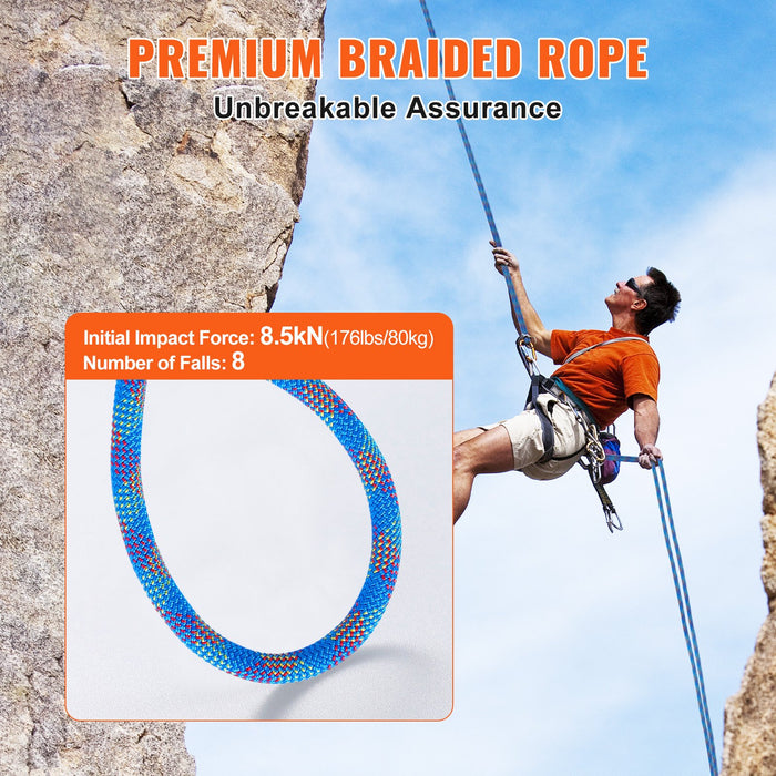 10.2Mm Dynamic Climbing Rope 70M 230Ft Outdoor Rock Climbing Rope 25Kn Breaking Tension Stretchable Fiber Rope With Steel Snap Hooks For Escape Rappelling Fire Rescue Blue