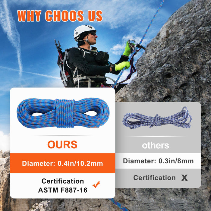 10.2Mm Dynamic Climbing Rope 70M 230Ft Outdoor Rock Climbing Rope 25Kn Breaking Tension Stretchable Fiber Rope With Steel Snap Hooks For Escape Rappelling Fire Rescue Blue
