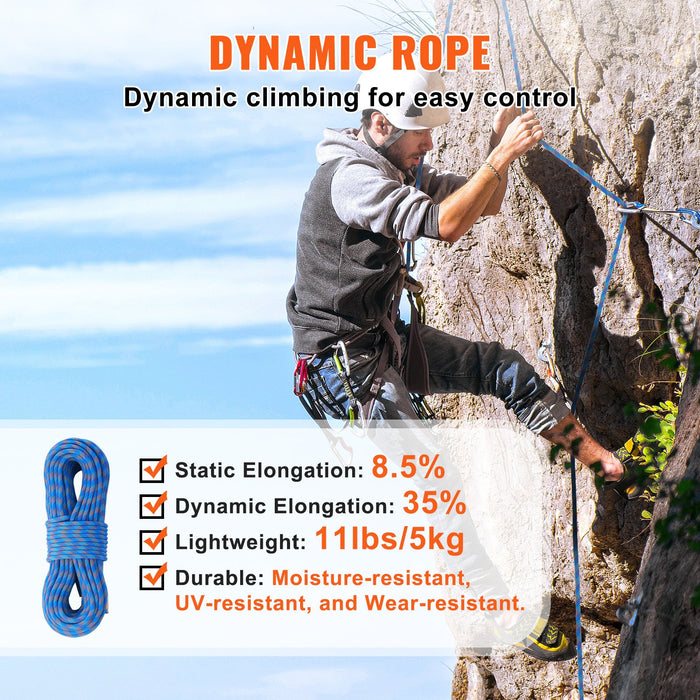 10.2Mm Dynamic Climbing Rope 70M 230Ft Outdoor Rock Climbing Rope 25Kn Breaking Tension Stretchable Fiber Rope With Steel Snap Hooks For Escape Rappelling Fire Rescue Blue