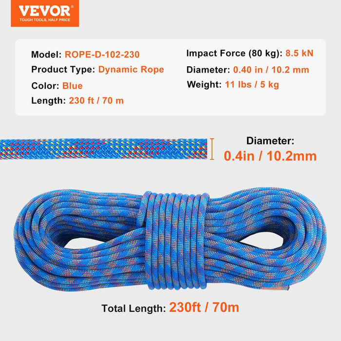 10.2Mm Dynamic Climbing Rope 70M 230Ft Outdoor Rock Climbing Rope 25Kn Breaking Tension Stretchable Fiber Rope With Steel Snap Hooks For Escape Rappelling Fire Rescue Blue