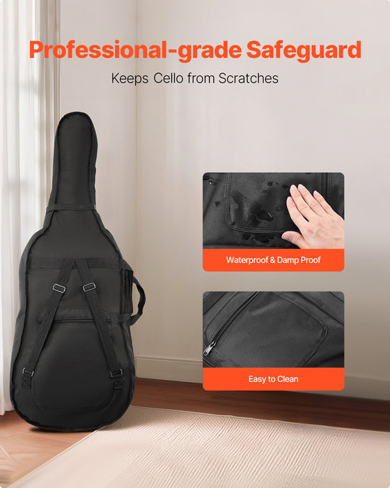 4 / 4 Full Size Cello Case Nylon Waterproof Lightweight Portable Travel Carrying Bag With Reinforced Handle Dual Shoulder Straps Anti-Scratch Professional Cello-Shape For Cello Black