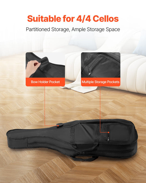 4 / 4 Full Size Cello Case Nylon Waterproof Lightweight Portable Travel Carrying Bag With Reinforced Handle Dual Shoulder Straps Anti-Scratch Professional Cello-Shape For Cello Black