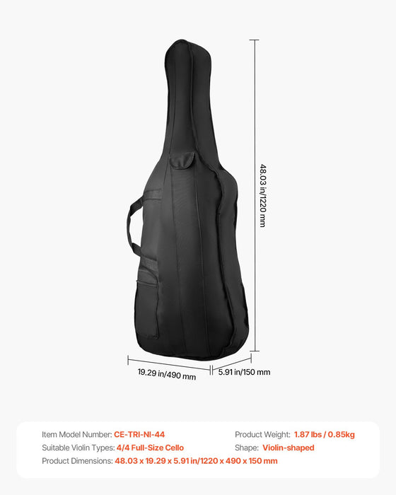 4 / 4 Full Size Cello Case Nylon Waterproof Lightweight Portable Travel Carrying Bag With Reinforced Handle Dual Shoulder Straps Anti-Scratch Professional Cello-Shape For Cello Black