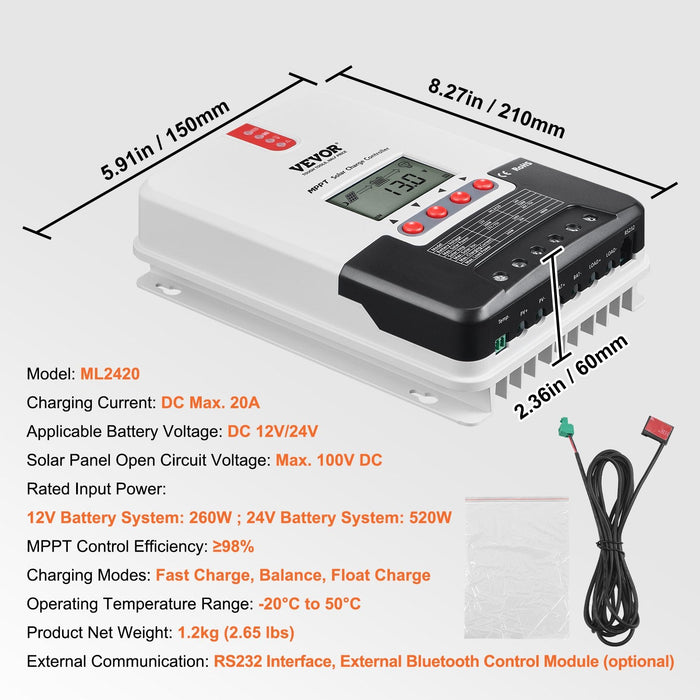 20A Mppt Solar Charge Controller Auto Dc Input Solar Panel Regulator Charger With Lcd Display Temperature Sensor Cable For Sealed(Agm) Gel Flooded And Lithium Battery Charging