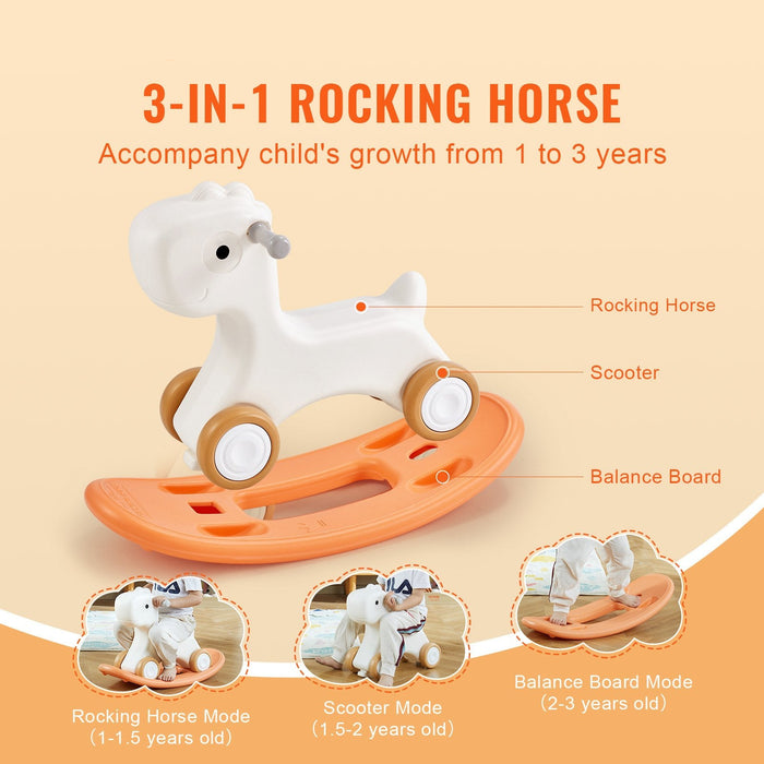 3 In 1 Rocking Horse For Toddlers 1-3 Years Baby Rocking Horse With Detachable Balance Board And 4 Smooth Wheels Support Up To 80 Lbs Hdpe Material Kids Ride On Toy Swinging Orange