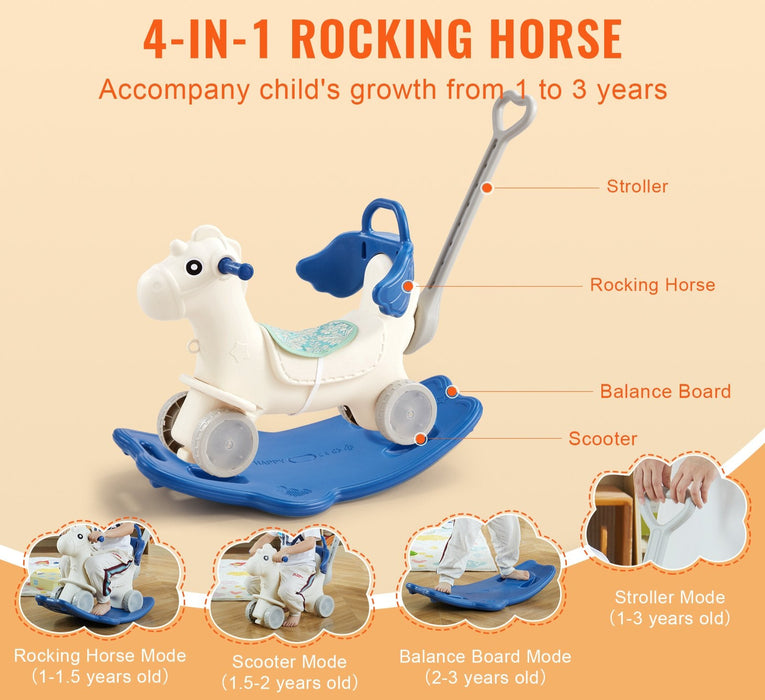 4 In 1 Rocking Horse For Toddlers 1-3 Years Baby Rocking Horse With Detachable Balance Board Push Handle And 4 Smooth Wheels Support Up To 80 Lbs Hdpe Kids Ride On Toy With Sound Blue
