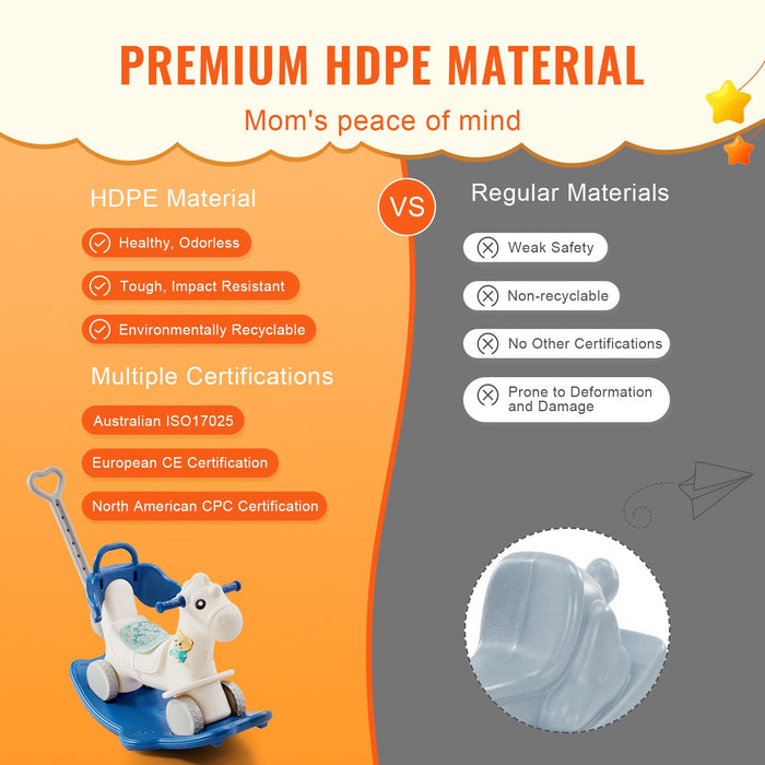 4 In 1 Rocking Horse For Toddlers 1-3 Years Baby Rocking Horse With Detachable Balance Board Push Handle And 4 Smooth Wheels Support Up To 80 Lbs Hdpe Kids Ride On Toy With Sound Blue