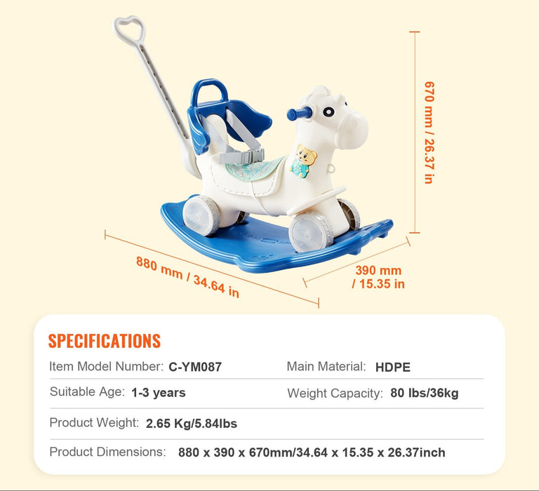 4 In 1 Rocking Horse For Toddlers 1-3 Years Baby Rocking Horse With Detachable Balance Board Push Handle And 4 Smooth Wheels Support Up To 80 Lbs Hdpe Kids Ride On Toy With Sound Blue