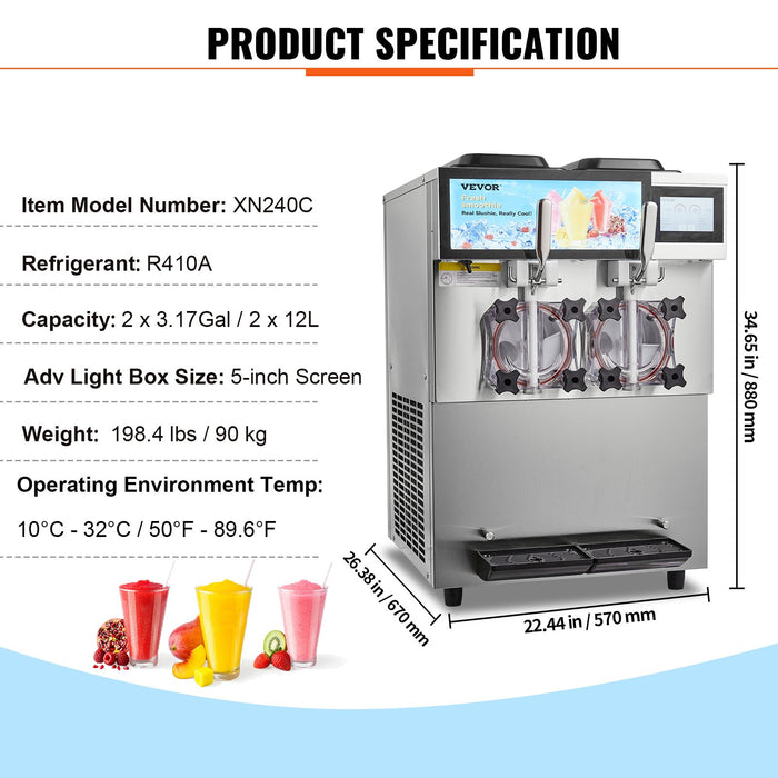 Commercial Slushy Machine 2 X 12L / 3.17 Gal Double Tanks Cool And Freeze Modes Stainless Steel Margarita Smoothie Frozen Drink Maker Slushie Machine For Party Cafes Restaurants Bars Home
