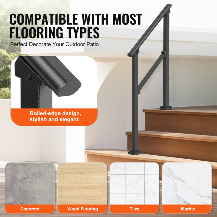 2 Pcs 2-3 Handrails For Outdoor For Seniors Porch Deck Black Square Tube