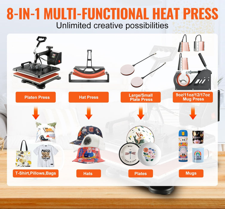1400W Heat Press Machine 8 In 1 Sublimation Steel Frame Heat Presses With Temperature And Time Control (12X15Inch 8In1)