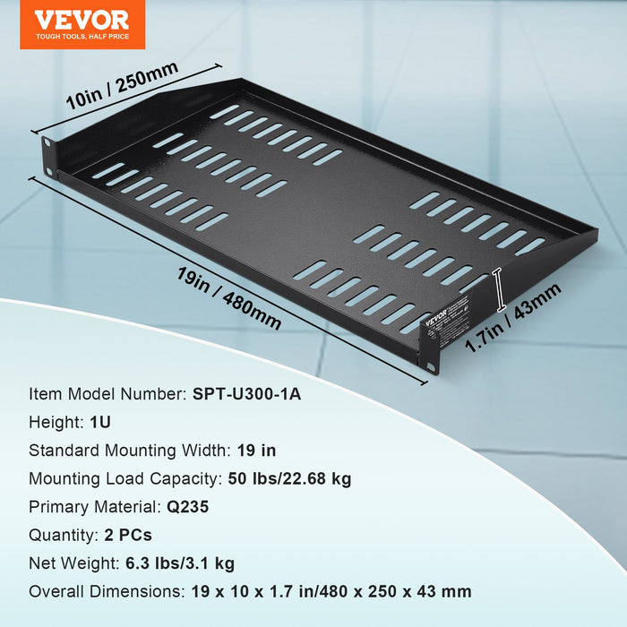 2Pcs 1U Server Rack Shelf 254Mm Depth 22.68Kg Max Load Capacity Vented Cantilever Or Wall Mount Rack Mount Shelf With Tray Good Air Circulation For 482.6Mm Network Cabinet Or Equipment Rack