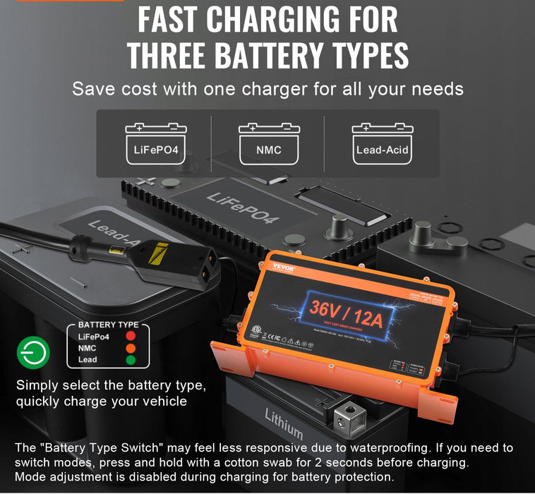 12 Amp Golf Cart Smart Battery Charger For Ezgo D-Style Ip67 Etl