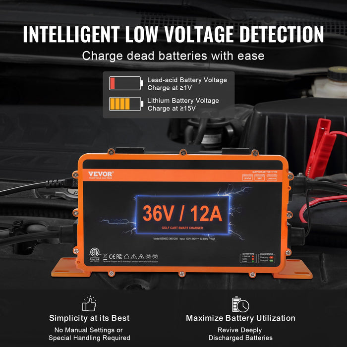 12 Amp Golf Cart Smart Battery Charger For Ezgo D-Style Ip67 Etl