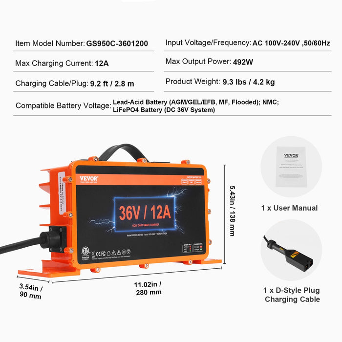 12 Amp Golf Cart Smart Battery Charger For Ezgo D-Style Ip67 Etl