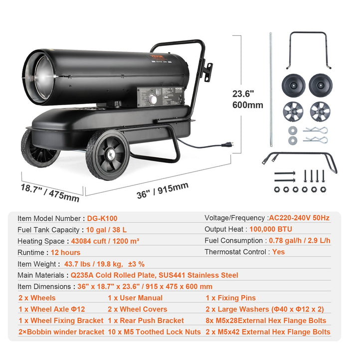100000Btu Kerosene / Diesel Forced Air Torpedo Space Heater With Thermostat