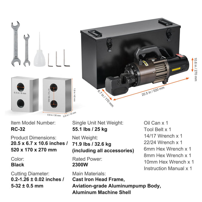 2300W Electric Hydraulic Rebar Cutter Cutting Up To 1.26 Inch 5-32Mm