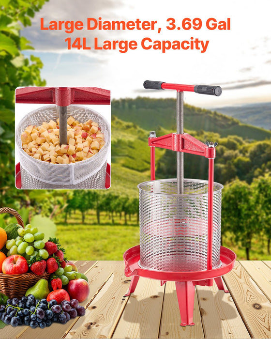 3.69 Gal / 14L Fruit Wine Press Stainless Steel Basket With Cross-Beam And Triangular Structure Manual Juice Maker Cider Apple Grape Tincture Making Press With T-Handle For Kitchen Home