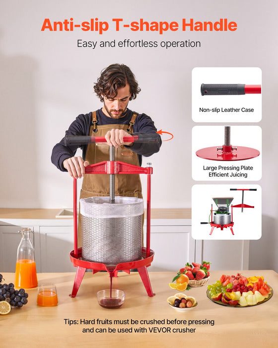 3.69 Gal / 14L Fruit Wine Press Stainless Steel Basket With Cross-Beam And Triangular Structure Manual Juice Maker Cider Apple Grape Tincture Making Press With T-Handle For Kitchen Home