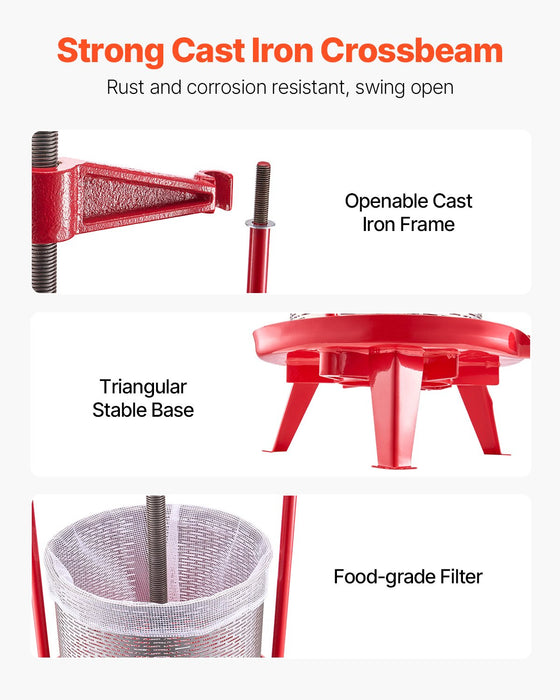 3.69 Gal / 14L Fruit Wine Press Stainless Steel Basket With Cross-Beam And Triangular Structure Manual Juice Maker Cider Apple Grape Tincture Making Press With T-Handle For Kitchen Home