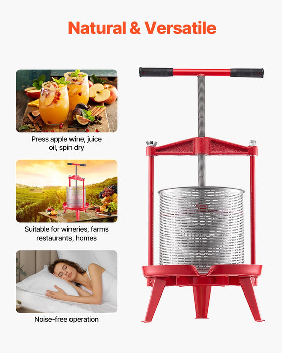 3.69 Gal / 14L Fruit Wine Press Stainless Steel Basket With Cross-Beam And Triangular Structure Manual Juice Maker Cider Apple Grape Tincture Making Press With T-Handle For Kitchen Home