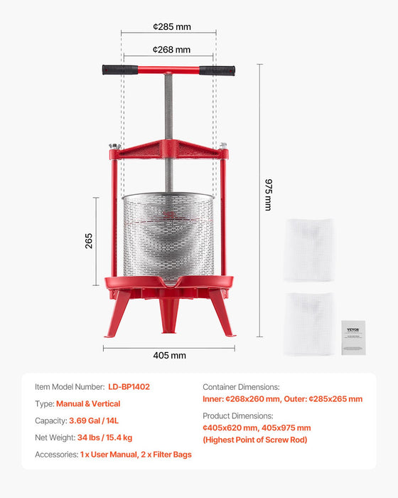 3.69 Gal / 14L Fruit Wine Press Stainless Steel Basket With Cross-Beam And Triangular Structure Manual Juice Maker Cider Apple Grape Tincture Making Press With T-Handle For Kitchen Home
