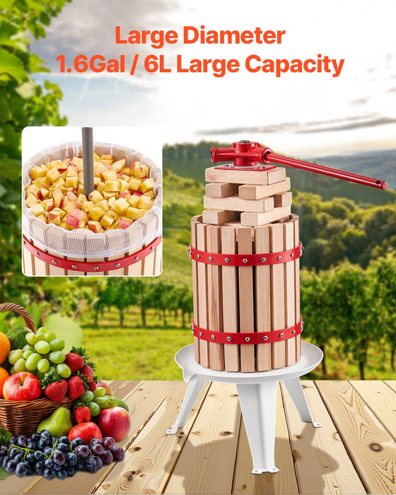 1.6 Gal / 6L Fruit Wine Press Solid Wood Basket With 8 Blocks Heavy Duty Manual Juice Maker Cider Apple Grape Tincture Honey Olive Oil Making Press With Handle For Kitchen Home