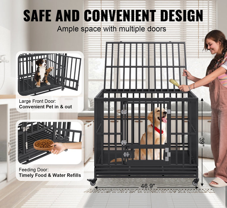 47 Inch Heavy Duty Dog Crate Indestructible Dog Crate 3-Door Heavy Duty Dog Kennel For Medium To Large Dogs With Lockable Wheels And Removable Tray High Anxiety Dog Crate For Indoor & Outdoor