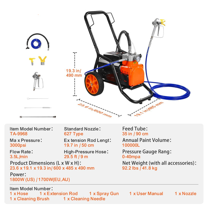 Cart Airless Paint Sprayer Diaphragm Paint Airless Sprayer 1700W Electric