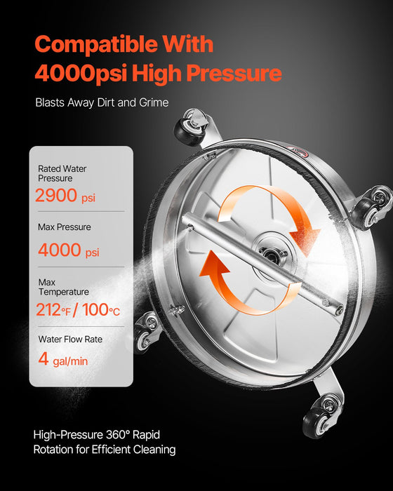 15" Pressure Washer Surface Cleaner 4 Wheels 4000 Max Psi 2 Extended Wands