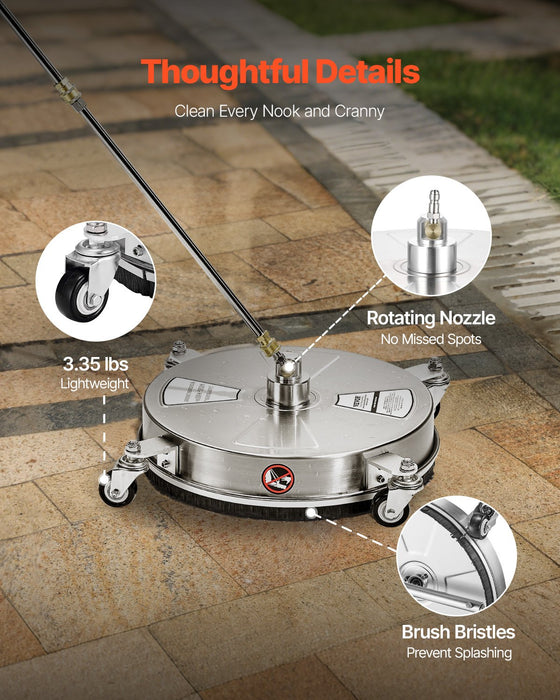 15" Pressure Washer Surface Cleaner 4 Wheels 4000 Max Psi 2 Extended Wands