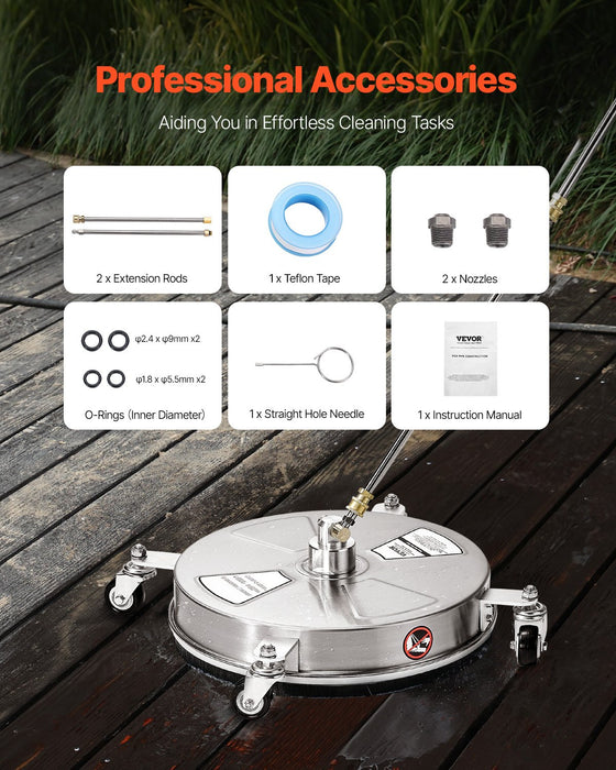 15" Pressure Washer Surface Cleaner 4 Wheels 4000 Max Psi 2 Extended Wands