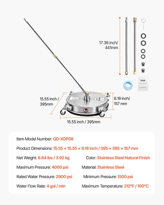 15" Pressure Washer Surface Cleaner 4 Wheels 4000 Max Psi 2 Extended Wands