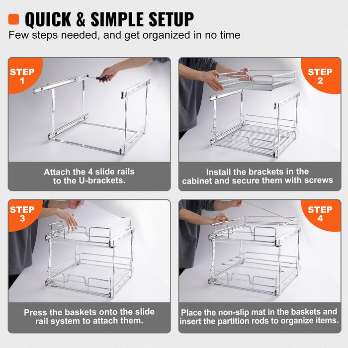 2-Tier Wire Pull Out Cabinet Under Sink Organizer 14X21 Inch Drawer Basket