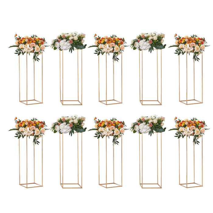 10Pcs 31.5Inch / 80Cm High Wedding Flower Stand With Acrylic Laminate Metal Vase Column Geometric Centerpiece Stands Gold Rectangular Floral Display Rack For Events Reception Party Decoration