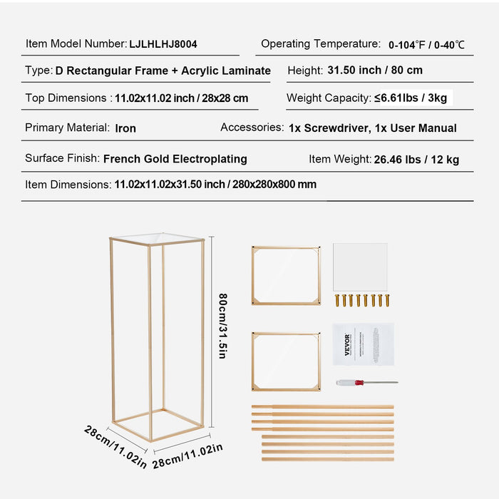10Pcs 31.5Inch / 80Cm High Wedding Flower Stand With Acrylic Laminate Metal Vase Column Geometric Centerpiece Stands Gold Rectangular Floral Display Rack For Events Reception Party Decoration
