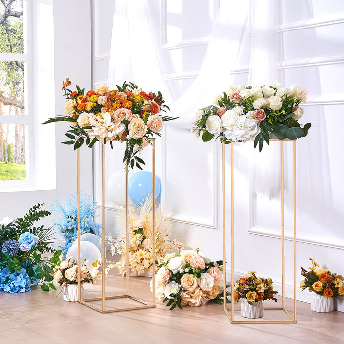 10Pcs 31.5Inch / 80Cm High Wedding Flower Stand With Acrylic Laminate Metal Vase Column Geometric Centerpiece Stands Gold Rectangular Floral Display Rack For Events Reception Party Decoration