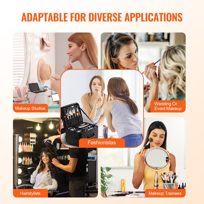 Rolling Makeup Train Case Large Storage 3 Tiers Convenient Carry With Handle Wheels Strap Professional Makeup Storage Organizer Box Make Up Carrier Waterproof Oxford Black