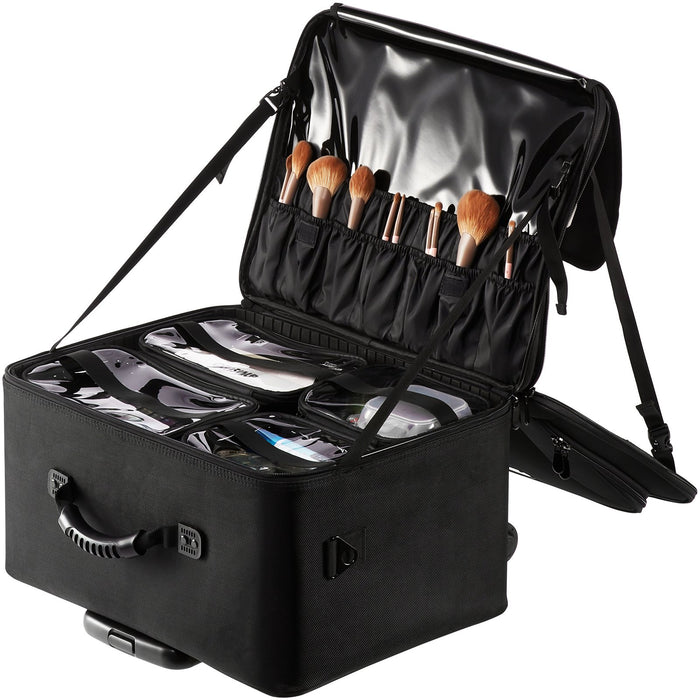 Rolling Makeup Train Case Large Storage 3 Tiers Convenient Carry With Handle Wheels Strap Professional Makeup Storage Organizer Box Make Up Carrier Waterproof Oxford Black