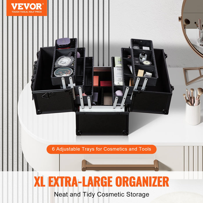 Makeup Train Case 370Mm Large Portable Cosmetic Case 6 Tier Trays Professional Makeup Storage Organizer Box Make Up Carrier With Handle And Strap Travel Case For Women And Girls - Black