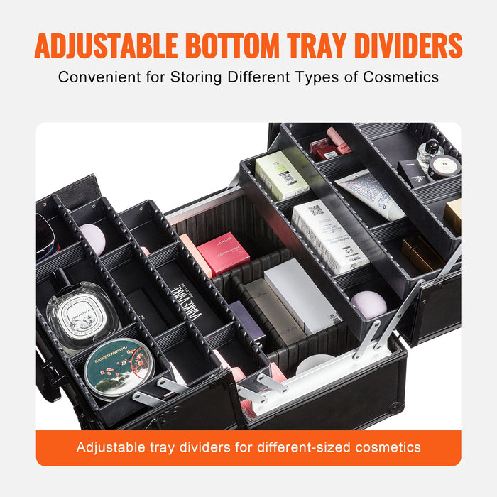 Makeup Train Case 370Mm Large Portable Cosmetic Case 6 Tier Trays Professional Makeup Storage Organizer Box Make Up Carrier With Handle And Strap Travel Case For Women And Girls - Black