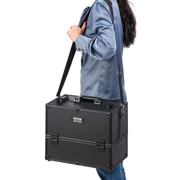 Makeup Train Case 370Mm Large Portable Cosmetic Case 6 Tier Trays Professional Makeup Storage Organizer Box Make Up Carrier With Handle And Strap Travel Case For Women And Girls - Black