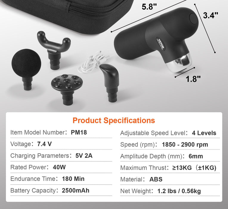 Massage Gun Deep Tissue Percussion Muscle Massager For Athletes - With 4 Speed Levels & 4 Massage Heads 7.4V 2500Mah Batteries Handheld Mini Massage Gun For Pain Relief Muscle Relaxation