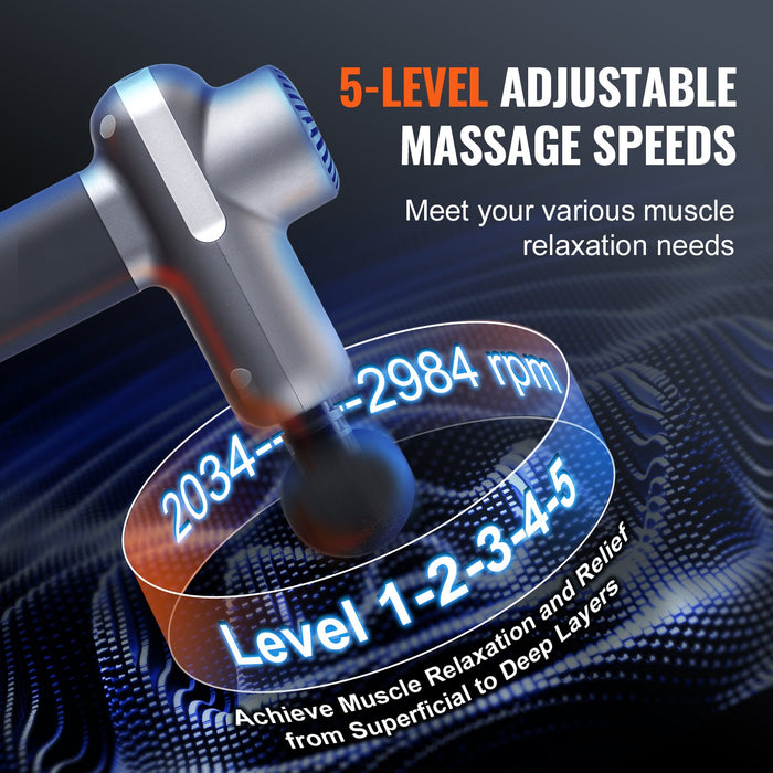 Massage Gun Deep Tissue Percussion Muscle Massager For Athletes - With 5 Speed Levels & 6 Massage Heads 7.4V 2500Mah Batteries Handheld Electric Massage Gun For Pain Relief Muscle Relaxation