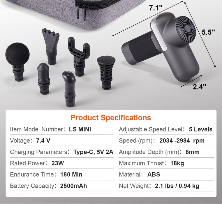 Massage Gun Deep Tissue Percussion Muscle Massager For Athletes - With 5 Speed Levels & 6 Massage Heads 7.4V 2500Mah Batteries Handheld Electric Massage Gun For Pain Relief Muscle Relaxation