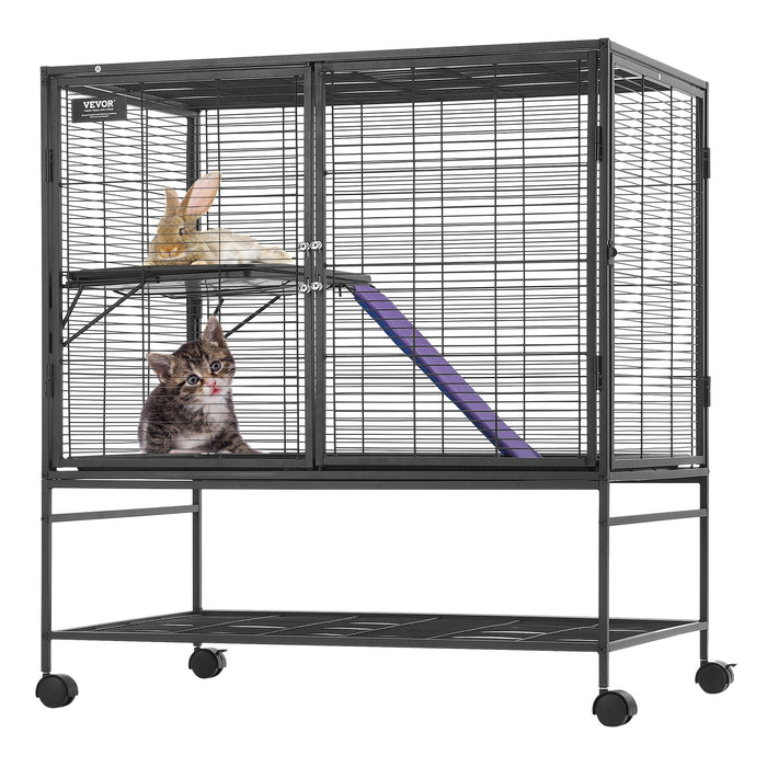39" Metal Small Animal Cage 2-Tier Rolling Ferret Cage With Tray A Ramp