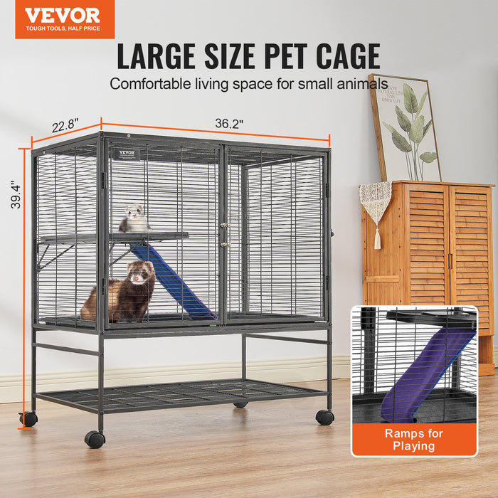 39" Metal Small Animal Cage 2-Tier Rolling Ferret Cage With Tray A Ramp