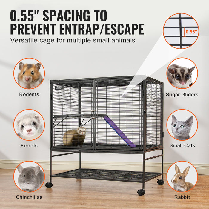 39" Metal Small Animal Cage 2-Tier Rolling Ferret Cage With Tray A Ramp
